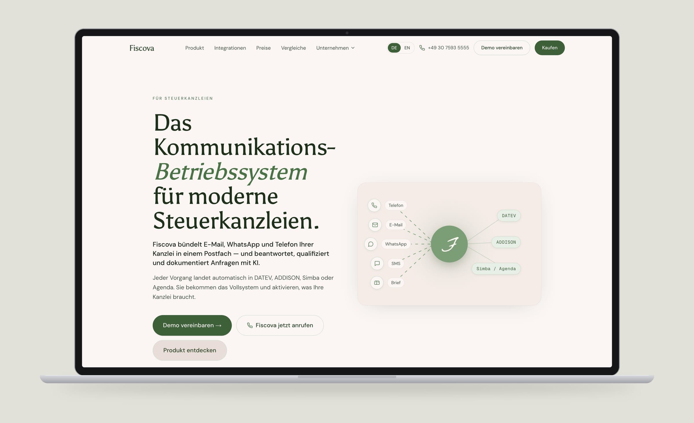 Fiscova landing page hero: the headline “Das Kommunikations-Betriebssystem für moderne Steuerkanzleien” beside a diagram of channels flowing into Fiscova and on to DATEV, ADDISON and Agenda