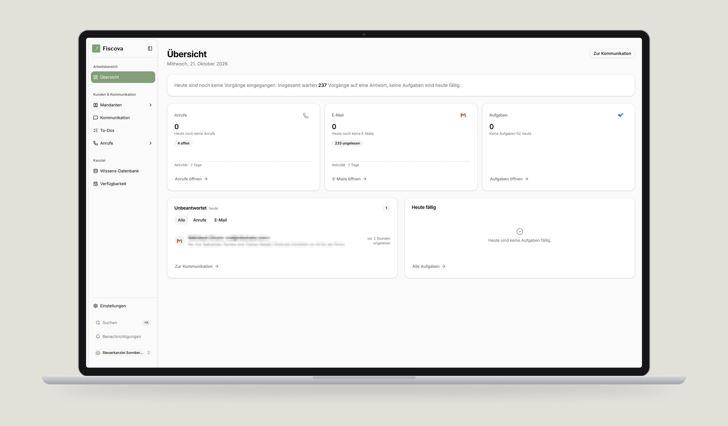 Fiscova dashboard overview: a daily summary line, cards for calls, email and tasks, and panels for unanswered messages and tasks due today