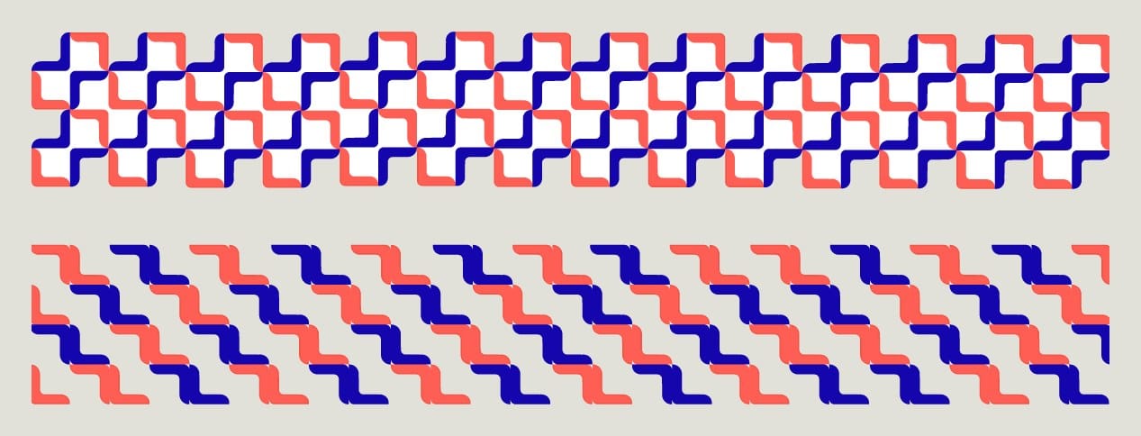 Two bands of interlocking angular pattern in deep blue and coral, built from one modular component