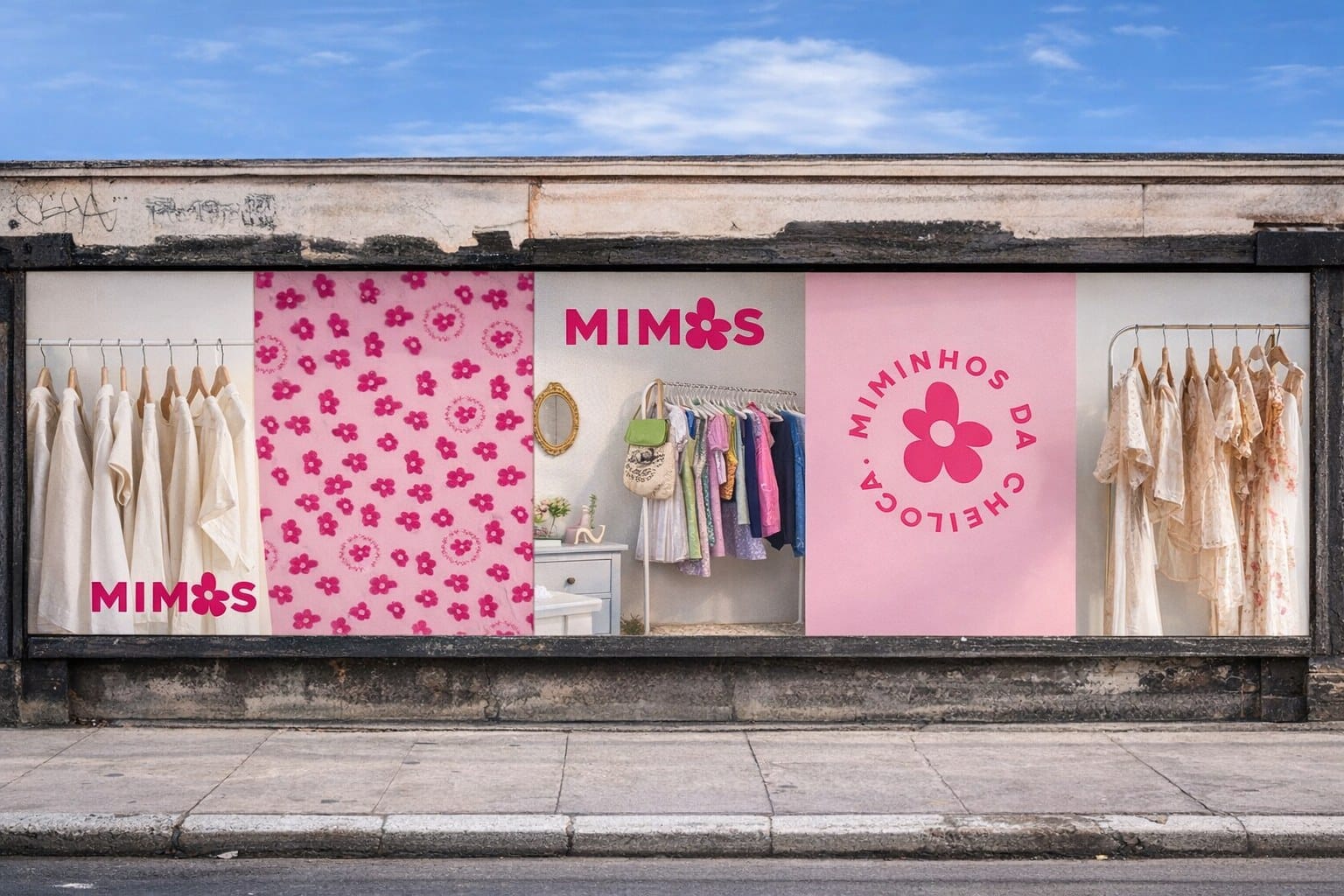 Mimos shop window mockup with pink flower pattern panels and the circular Miminhos da Cheiloca mark