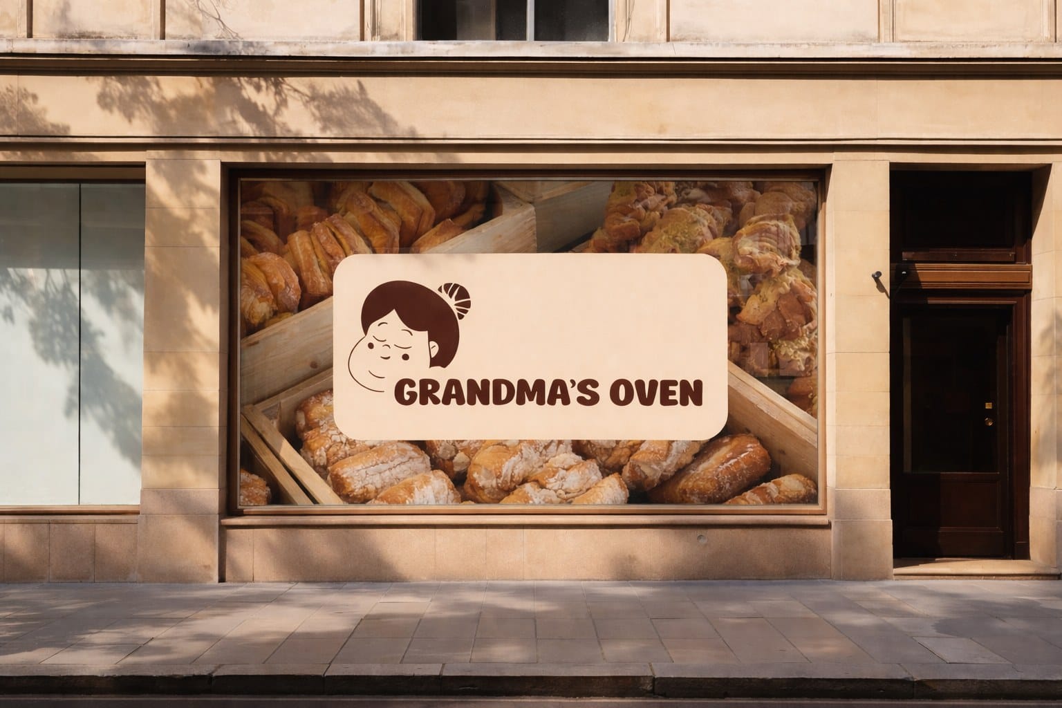 Shop window mockup with the Grandma’s Oven logo panel in front of crates of bread